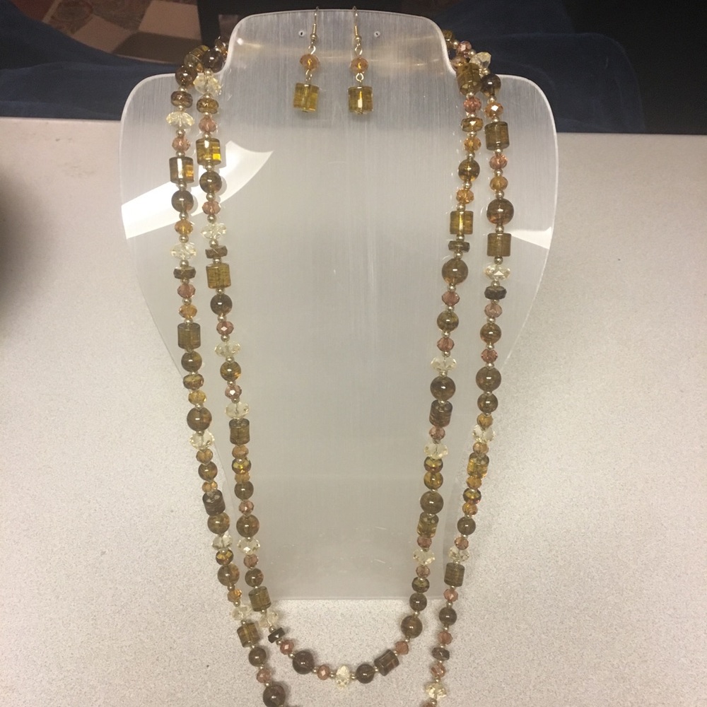 Brown and gold necklace and earrings.